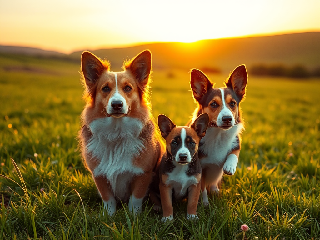 A adult Welsh Corgi and a puppy in a sunny Welsh meadow, representing the breed's historical origins and lineage.