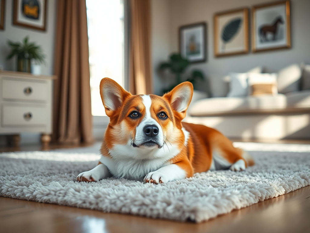 A calm corgi resting on a rug in a bright living room, showing successful long-term training to stop herding behavior and prevent ankle biting.