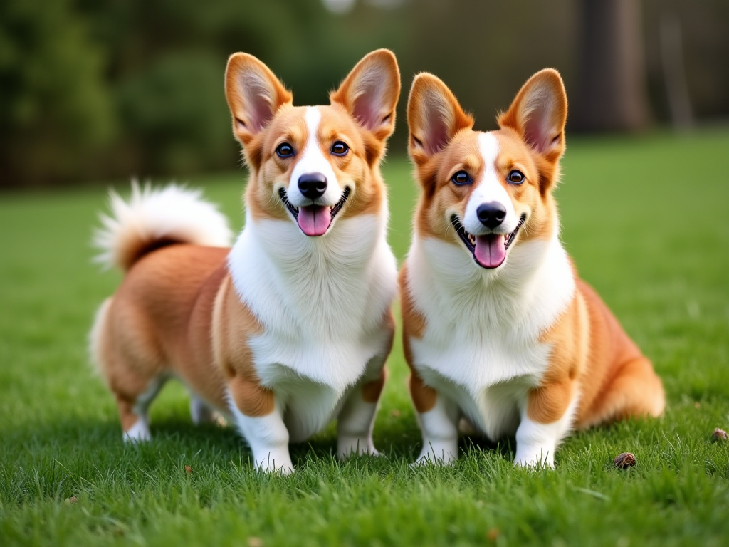 A Cardigan Welsh Corgi and Pembroke Welsh Corgi standing together showing distinct size, coat length, and tail differences for breed comparison.