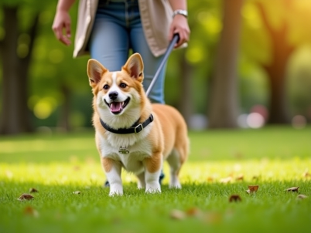 A cheerful corgi and owner enjoying a safe morning walk in the park to support healthy weight loss for dogs.