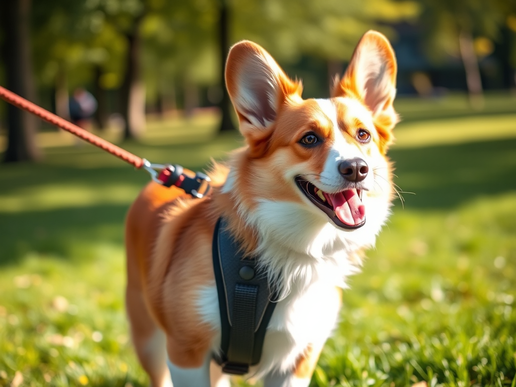 A cheerful corgi models a comfortable harness while on a walk in the park, showcasing the best harness for corgis for short-legged dogs.