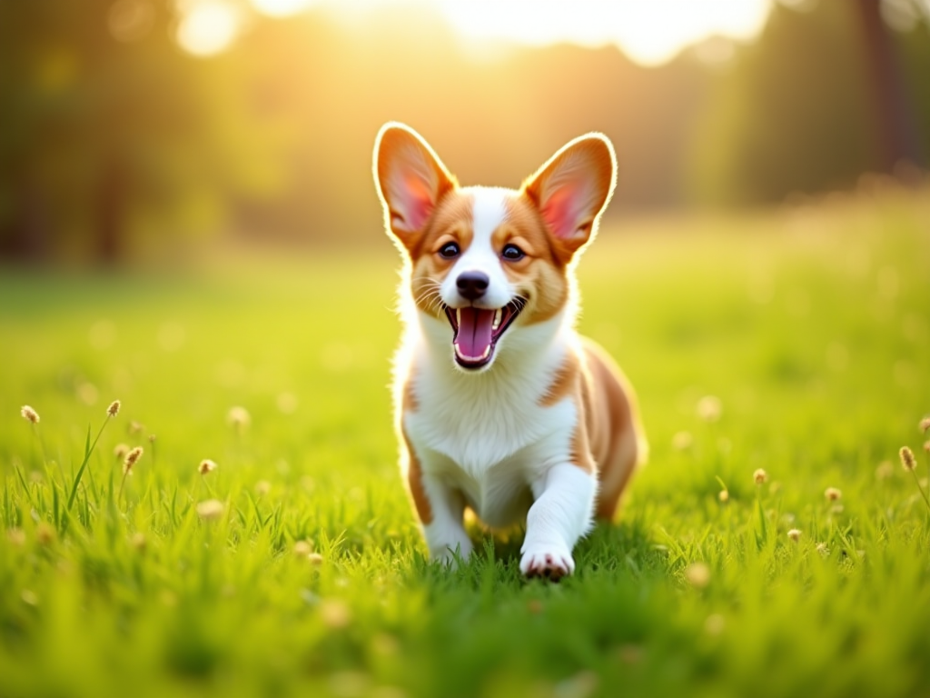 A cheerful Welsh Corgi playing actively in a sun-drenched meadow with blooming wildflowers, captured in sharp detail with natural lighting, highlighting the breed's energetic nature.
