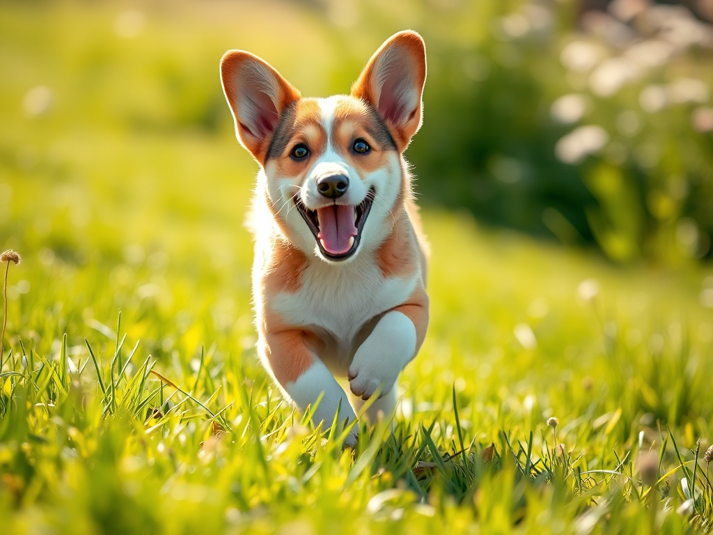 A cheerful Welsh Corgi puppy frolicking in a sun-drenched meadow, showcasing the breed's characteristic short legs and friendly demeanor.