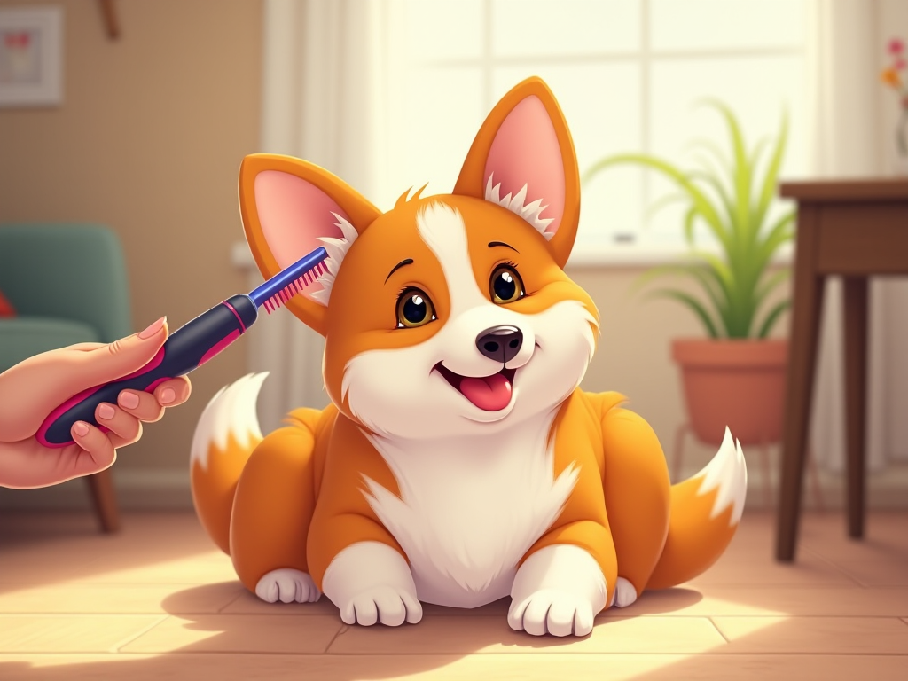 A Corgi dog undergoing grooming with a top de-shedding brush for Corgis, effectively removing loose fur to control shedding in a home environment. A Corgi dog undergoing grooming with a top de-shedding brush for Corgis, effectively removing loose fur to control shedding in a home environment.