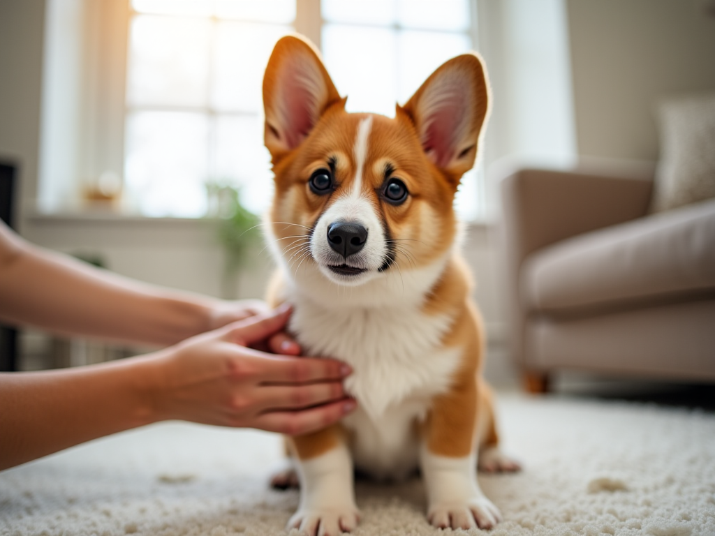 A corgi dog with a hand checking its body condition score for overweight assessment in 'How to Help Your Corgi Lose Weight Safely A corgi dog with a hand checking its body condition score for overweight assessment in 'How to Help Your Corgi Lose Weight Safely