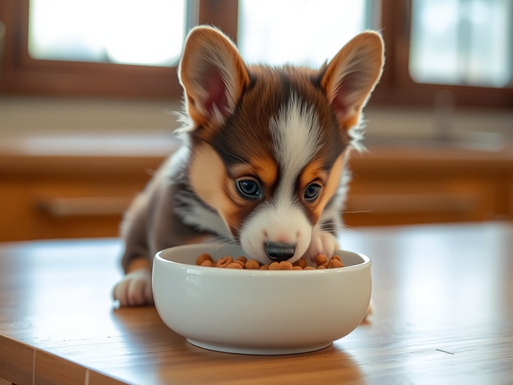 A Corgi puppy eating puppy food in a home kitchen, illustrating best nutrition for Corgis from 8 weeks to one year.