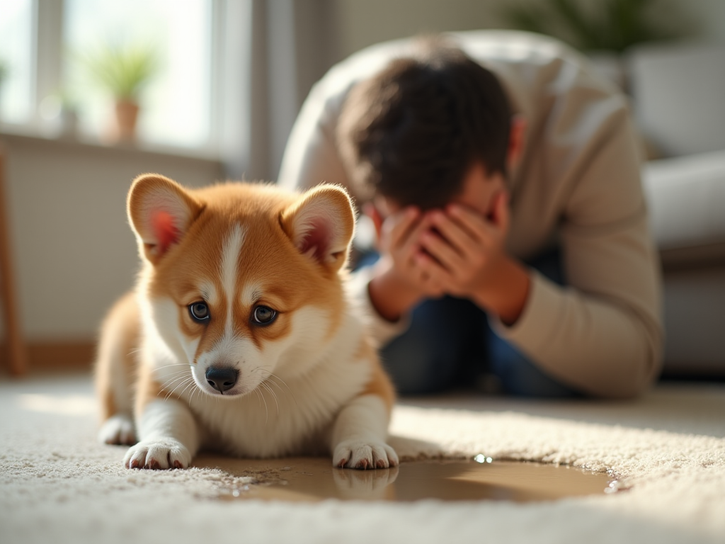 A Corgi puppy having an indoor accident while owner looks frustrated, demonstrating common mistakes to avoid when learning how to potty train a Corgi puppy fast