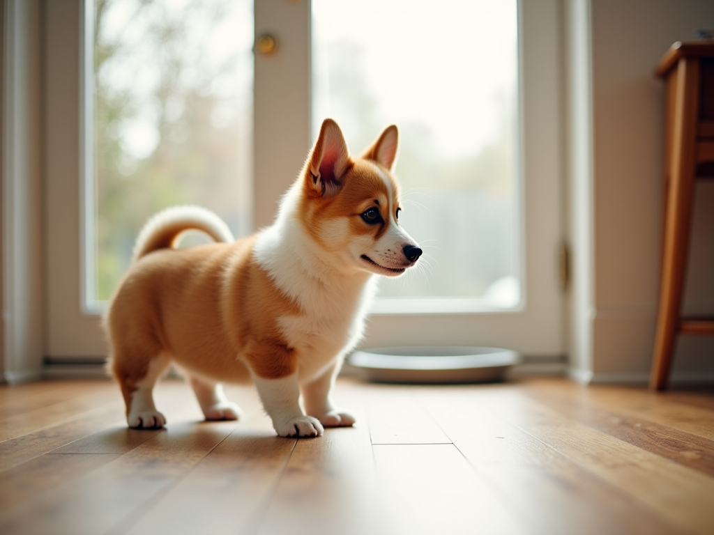 A corgi puppy on a potty pad indoors near an exit door, demonstrating fast and effective potty training methods for puppies.