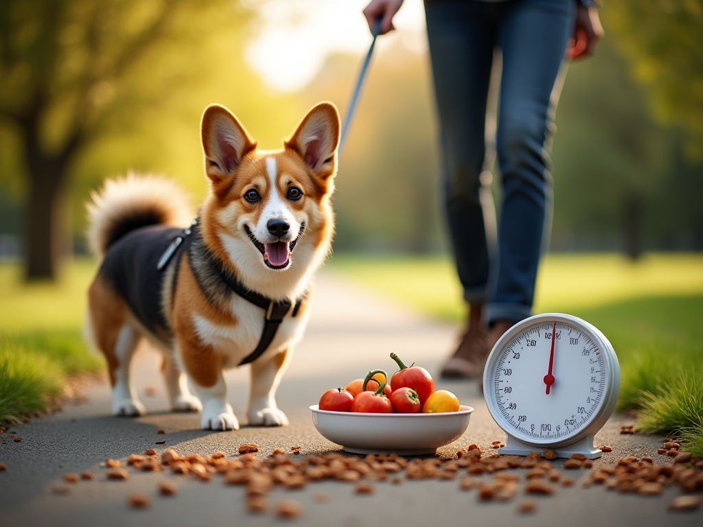 A corgi walking in park with owner, healthy vegetables and dog food, scale visible, showing diet, exercise, monitoring for safe weight loss A corgi walking in park with owner, healthy vegetables and dog food, scale visible, showing diet, exercise, monitoring for safe weight loss