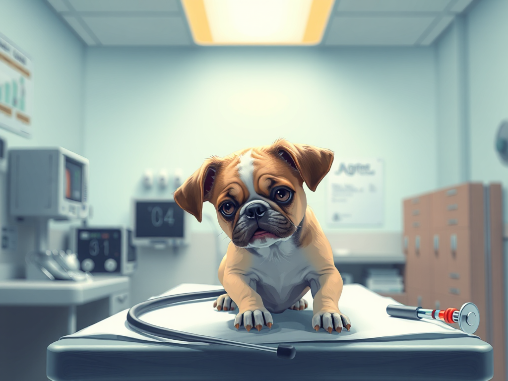 A dog shaking on a vet's examination table with stethoscope and syringes in the background, under bright clinic lights, in a distressed state A dog shaking on a vet's examination table with stethoscope and syringes in the background, under bright clinic lights, in a distressed state