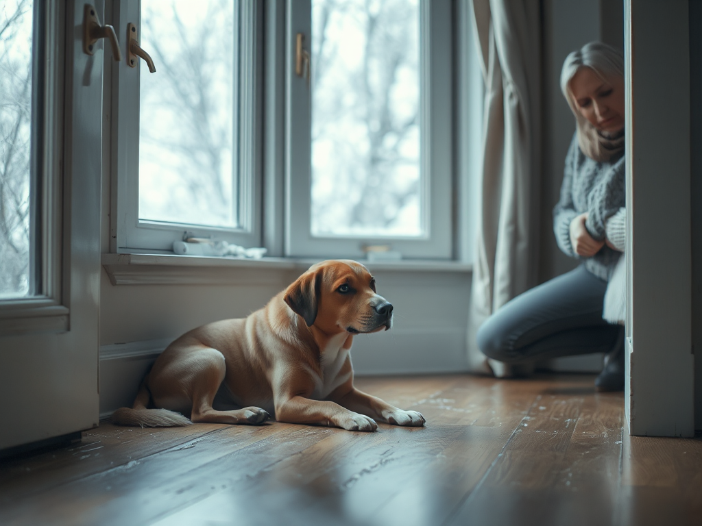 A dog shivering on a cold floor near a drafty window with a concerned owner, illustrating why a dog might shake due to cold or stress. A dog shivering on a cold floor near a drafty window with a concerned owner, illustrating why a dog might shake due to cold or stress.