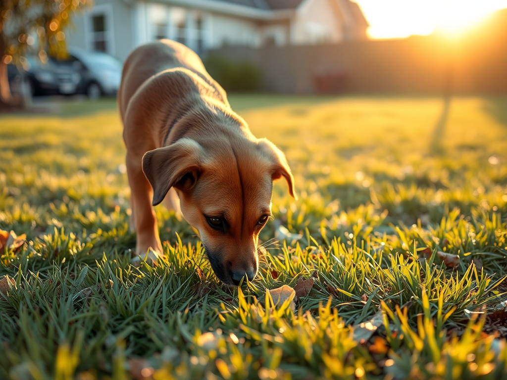 A dog sniffing feces in a grassy yard at sunrise, exhibiting coprophagia behavior relevant to the query "Why does my dog eat poop? A dog sniffing feces in a grassy yard at sunrise, exhibiting coprophagia behavior relevant to the query "Why does my dog eat poop?