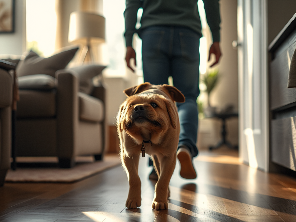A dog trailing its owner in a cozy living room, illustrating why dogs follow their owners everywhere.