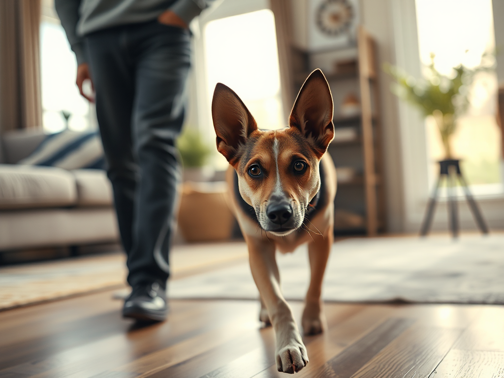A dog with an anxious expression follows its human through a living room, illustrating why does my dog follow me everywhere? and potential separation anxiety concerns. A dog with an anxious expression follows its human through a living room, illustrating why does my dog follow me everywhere? and potential separation anxiety concerns.