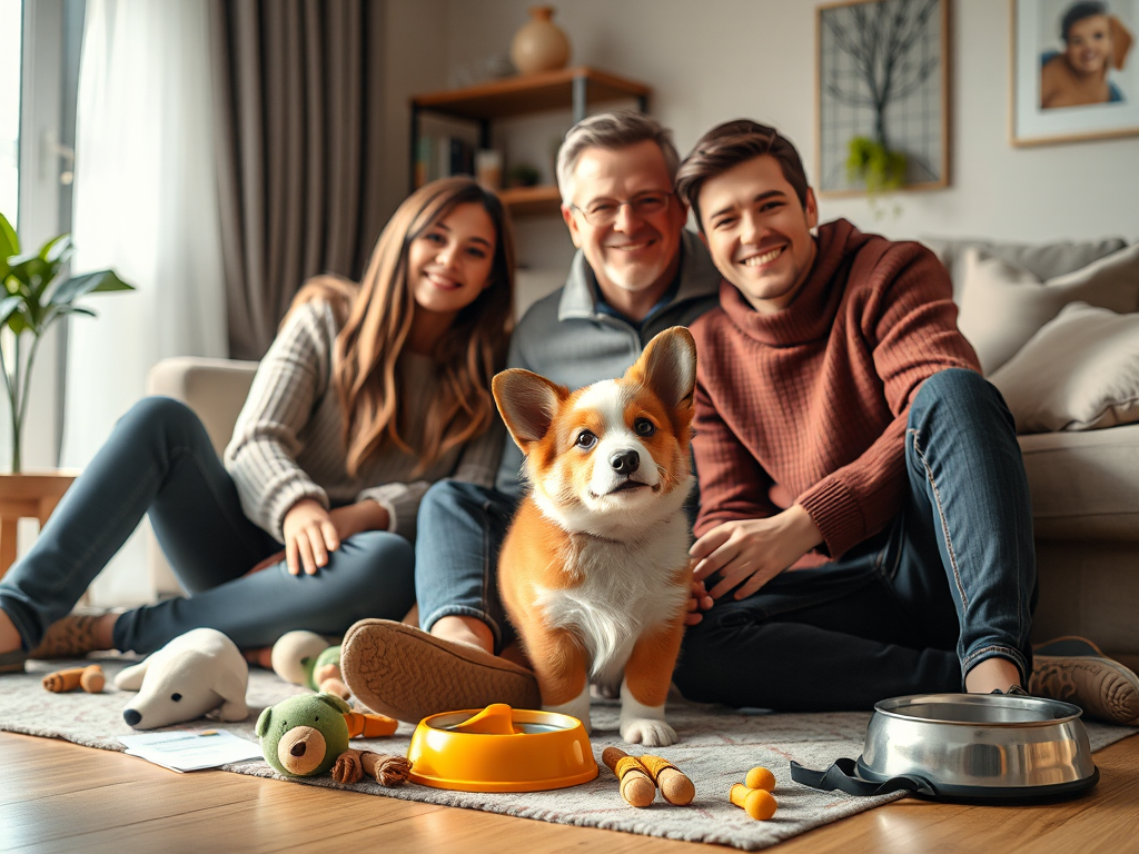 A family interacts with a Welsh Corgi puppy in a cozy living room, with pet supplies and a veterinary invoice visible, illustrating ownership costs.