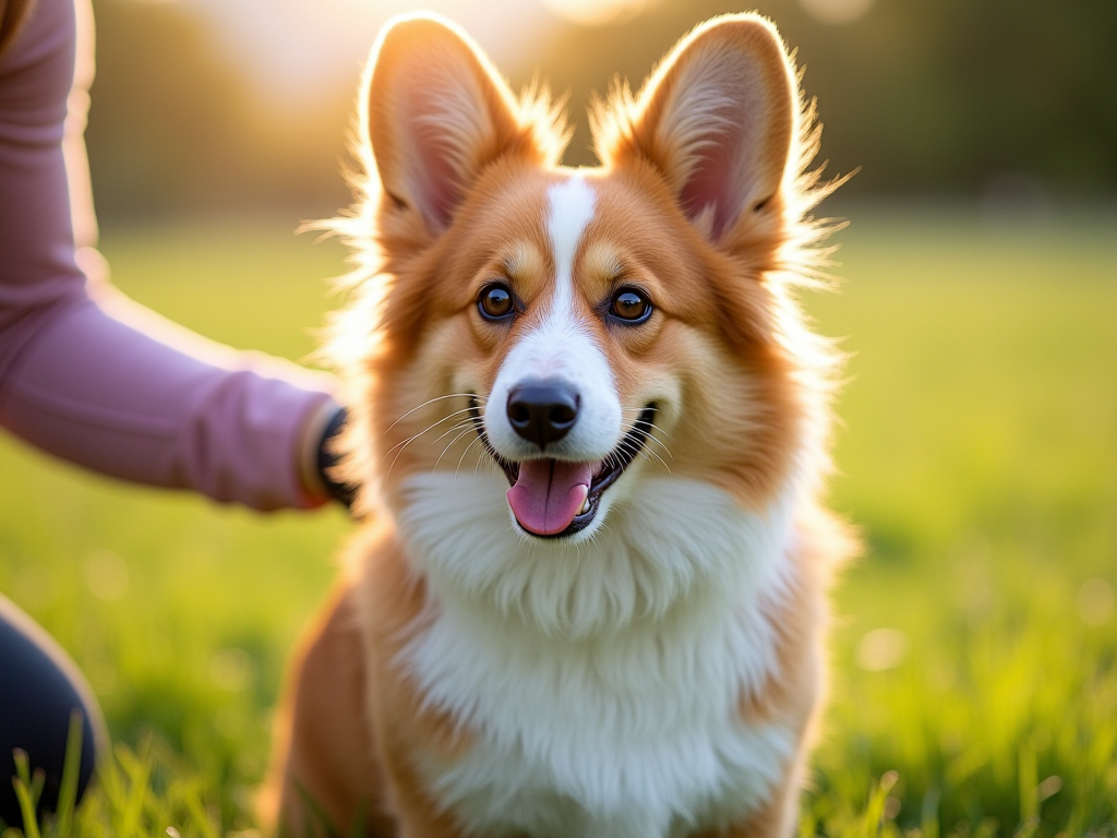 A fluffy Corgi with a natural double coat being brushed in a meadow, showing healthy fur without shaving.