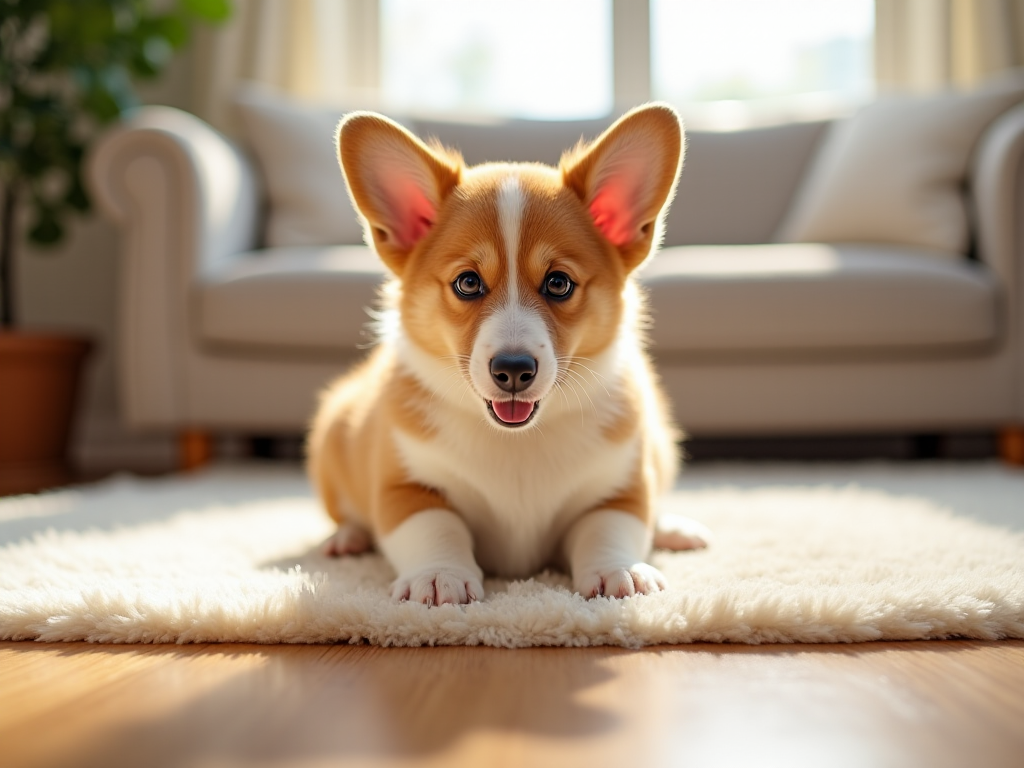 A fluffy Welsh Corgi puppy sitting on a rug in a sunny living room, representing the 2026 price guide for this popular dog breed