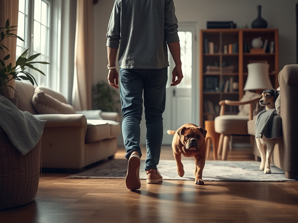 A golden retriever walking closely behind a person in a sunlit home hallway, depicting why does my dog follow me everywhere? A golden retriever walking closely behind a person in a sunlit home hallway, depicting why does my dog follow me everywhere?