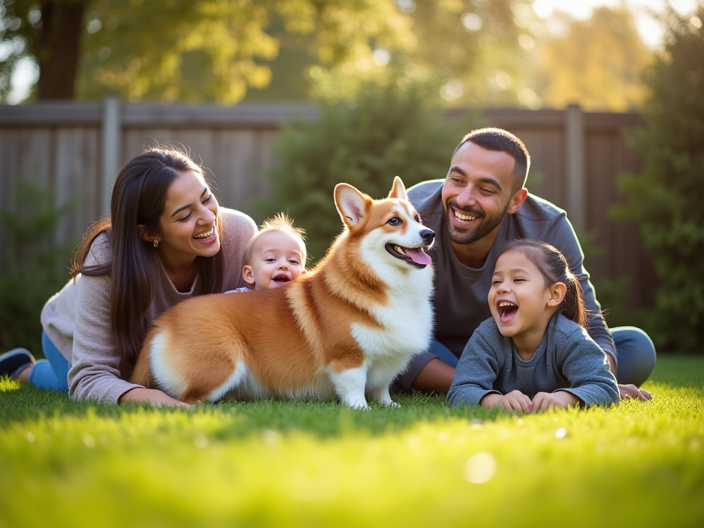 A happy family interacts with a friendly Welsh Corgi in a backyard, showcasing the breed's suitability for family life and long-term health. A happy family interacts with a friendly Welsh Corgi in a backyard, showcasing the breed's suitability for family life and long-term health.