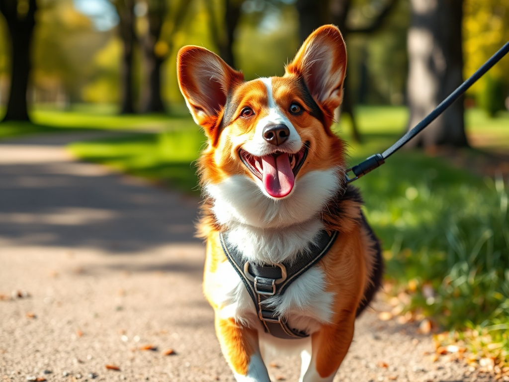 A happy Pembroke Welsh Corgi wearing a comfortable harness while walking on a park path, showcasing the best harness for short-legged dogs. A happy Pembroke Welsh Corgi wearing a comfortable harness while walking on a park path, showcasing the best harness for short-legged dogs.