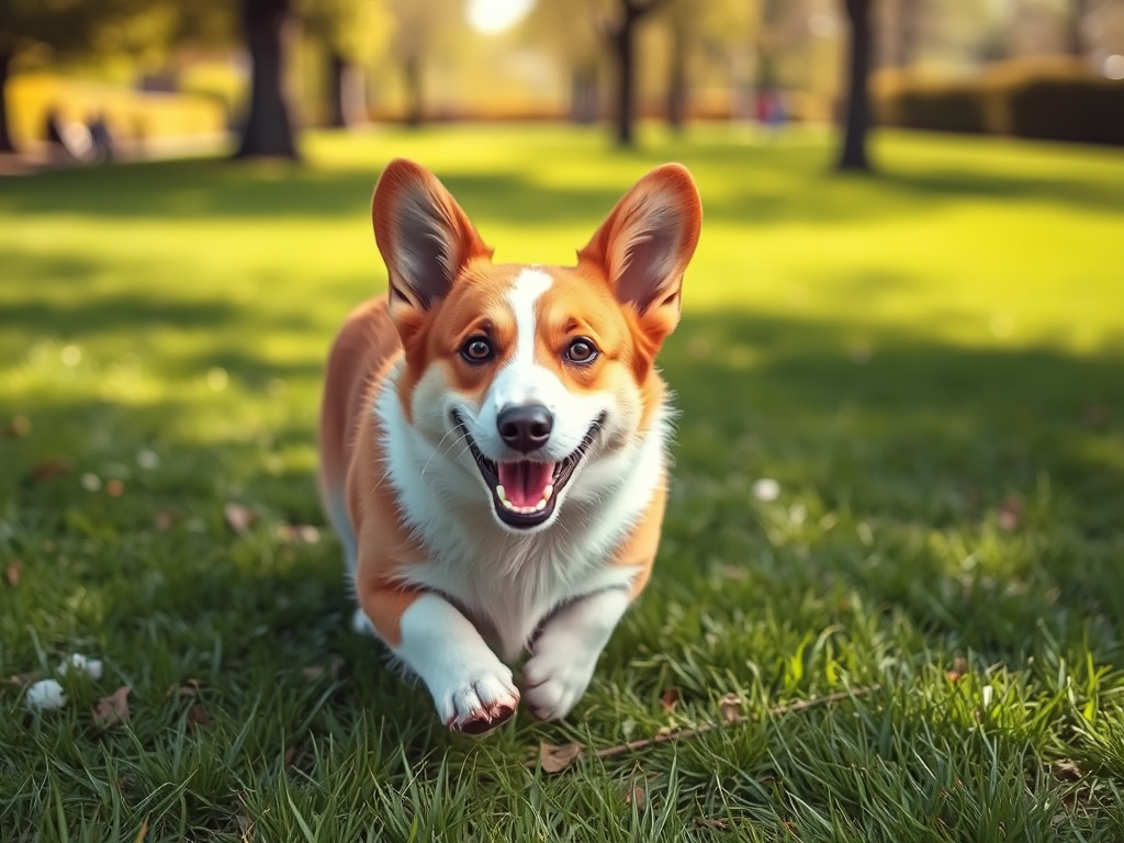 A happy Welsh Corgi dog getting daily exercise by running actively in a sunny park with green grass, showing physical activity for this breed.