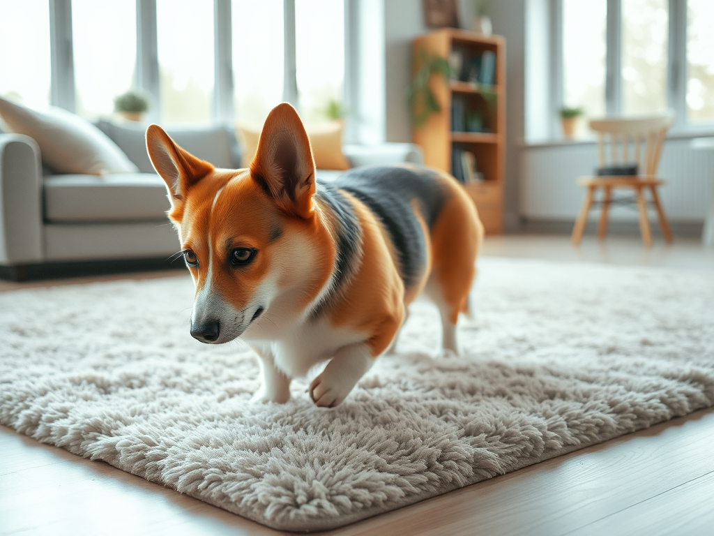 A healthy Corgi carefully walking on a non-slip soft rug indoors, demonstrating prevention strategies for Corgi back problems (IVDD).