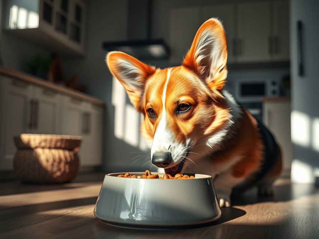 A healthy Welsh Corgi enjoying vet-recommended best dog food for Welsh Corgis in a bright, clean kitchen setting.