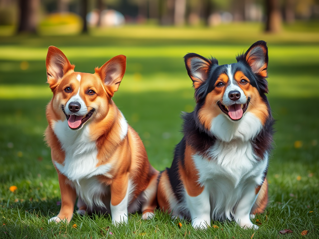 A Pembroke Welsh Corgi and Cardigan Welsh Corgi sitting side by side on grass in a sunny park for breed comparison. A Pembroke Welsh Corgi and Cardigan Welsh Corgi sitting side by side on grass in a sunny park for breed comparison.