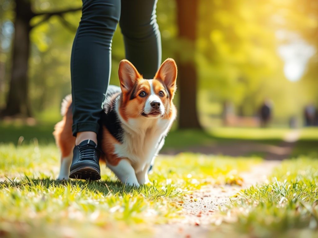A Pembroke Welsh Corgi biting a person's ankle while herding in a sunny park, demonstrating common herding behavior discussed in the article.
