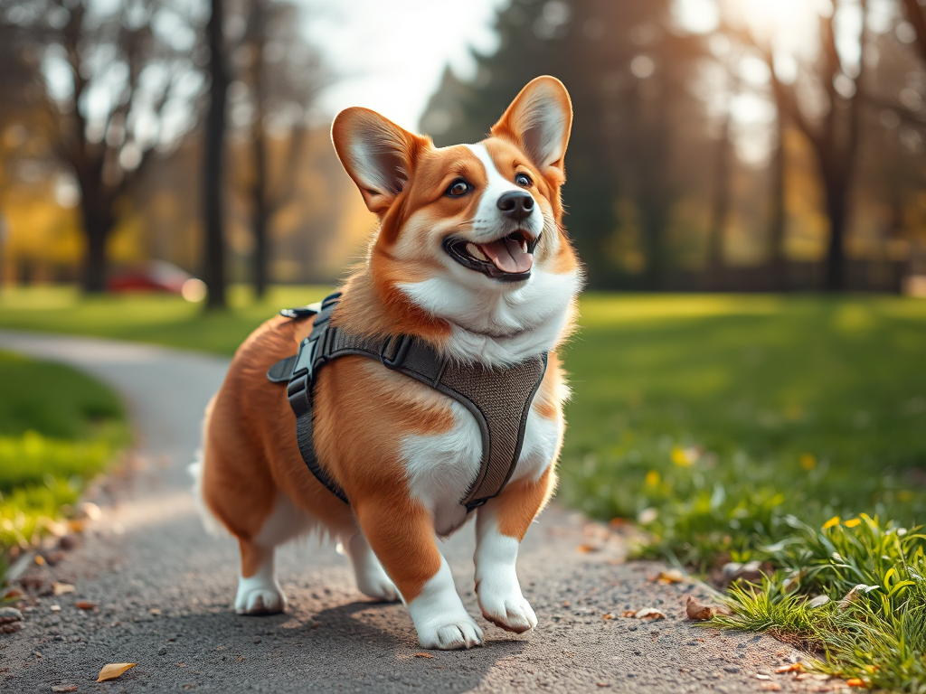 A Pembroke Welsh Corgi fitted with a harness for short-legged dogs, standing in a garden with natural light, showing essential features for comfort and control. A Pembroke Welsh Corgi fitted with a harness for short-legged dogs, standing in a garden with natural light, showing essential features for comfort and control.