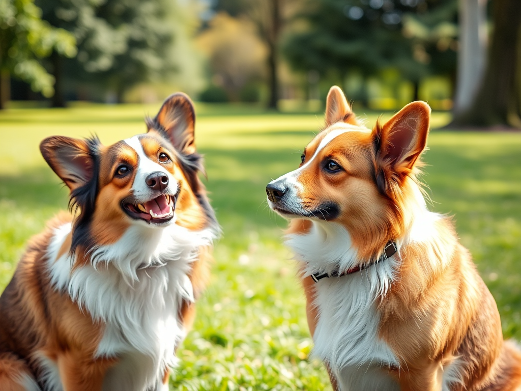 A Pembroke Welsh Corgi greeting a person and a Cardigan Welsh Corgi standing apart in a park, showing their different social behaviors. A Pembroke Welsh Corgi greeting a person and a Cardigan Welsh Corgi standing apart in a park, showing their different social behaviors.