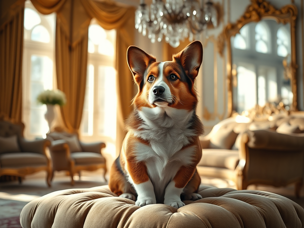 A Pembroke Welsh Corgi posed on a velvet cushion in a luxurious living room with elegant decor and soft natural light, highlighting the breed's premium status.