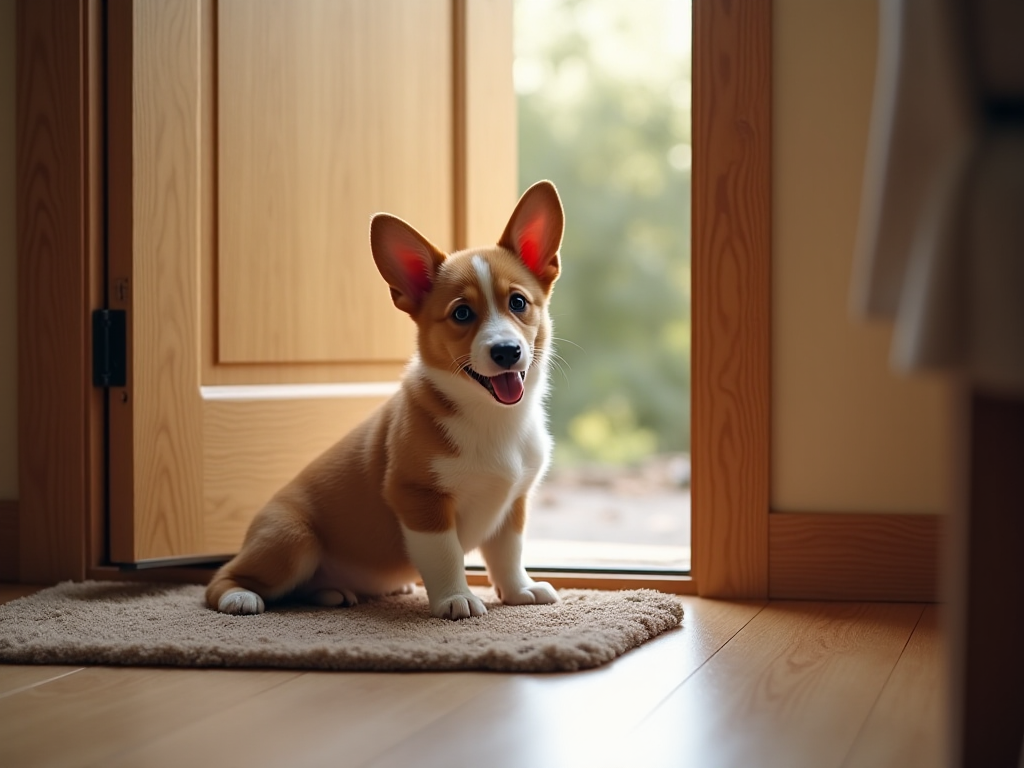 A Pembroke Welsh Corgi puppy sitting beside a pee pad by a door, demonstrating fast potty training techniques for a quick and effective process