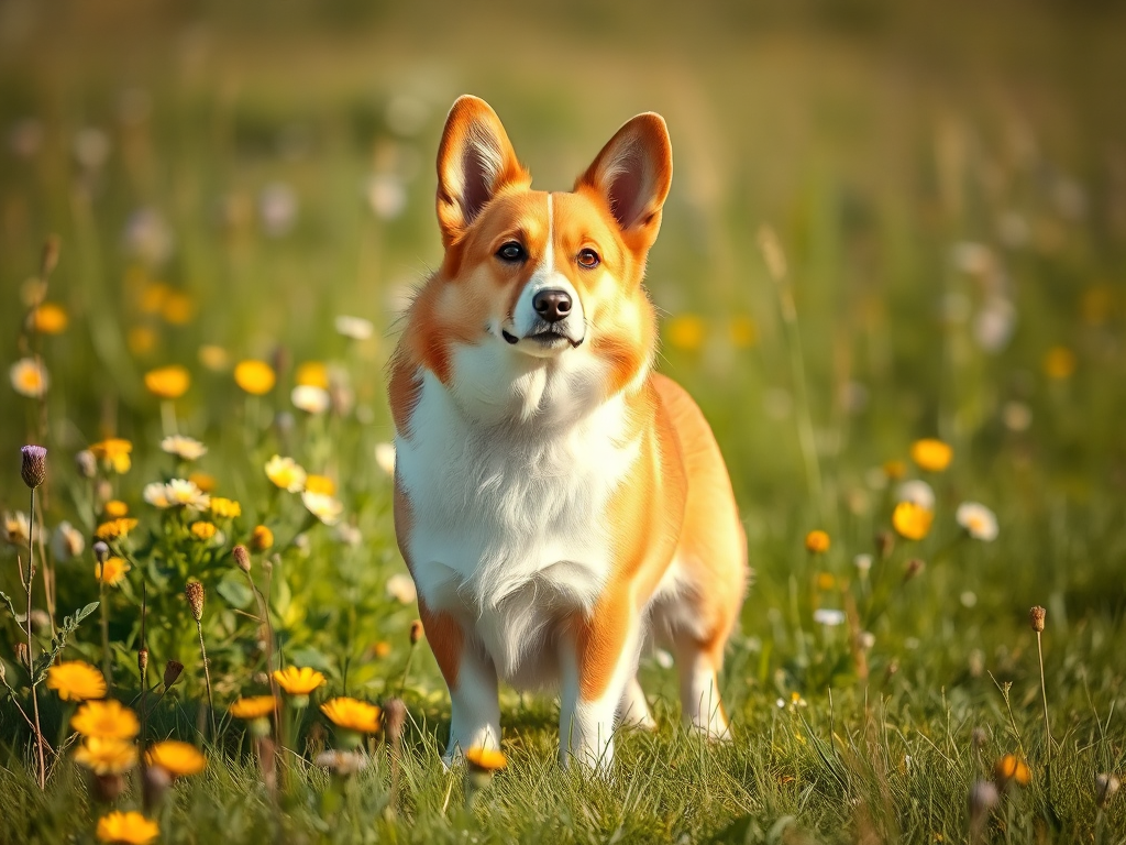 A Pembroke Welsh Corgi standing in a grassy field, highlighting its compact size, short legs, and thick double coat for a breed appearance guide
