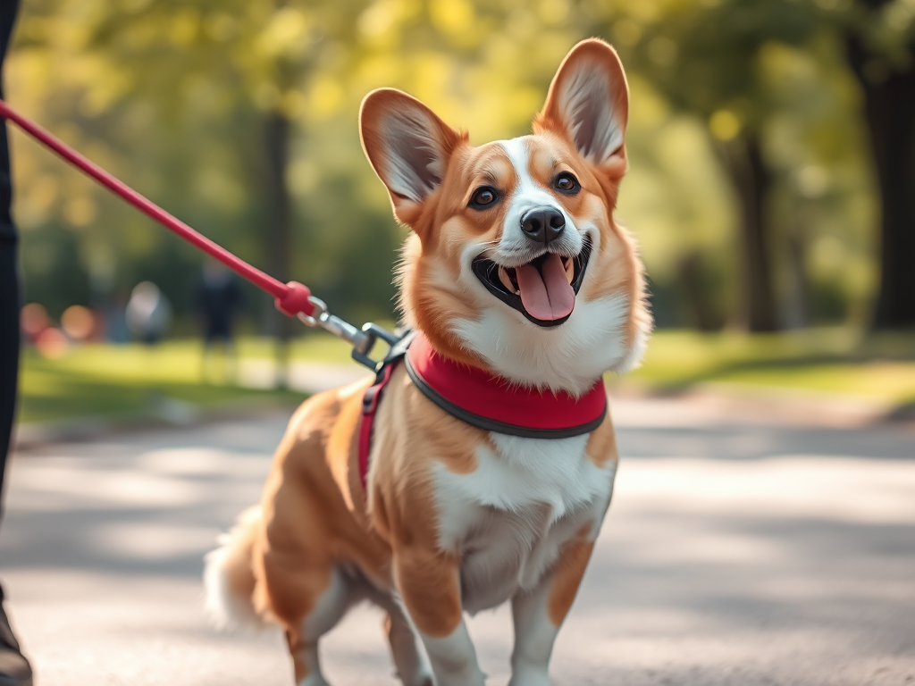 A Pembroke Welsh Corgi wearing a padded no-pull harness on a walk with its owner, demonstrating the best harness for short-legged dogs. A Pembroke Welsh Corgi wearing a padded no-pull harness on a walk with its owner, demonstrating the best harness for short-legged dogs.