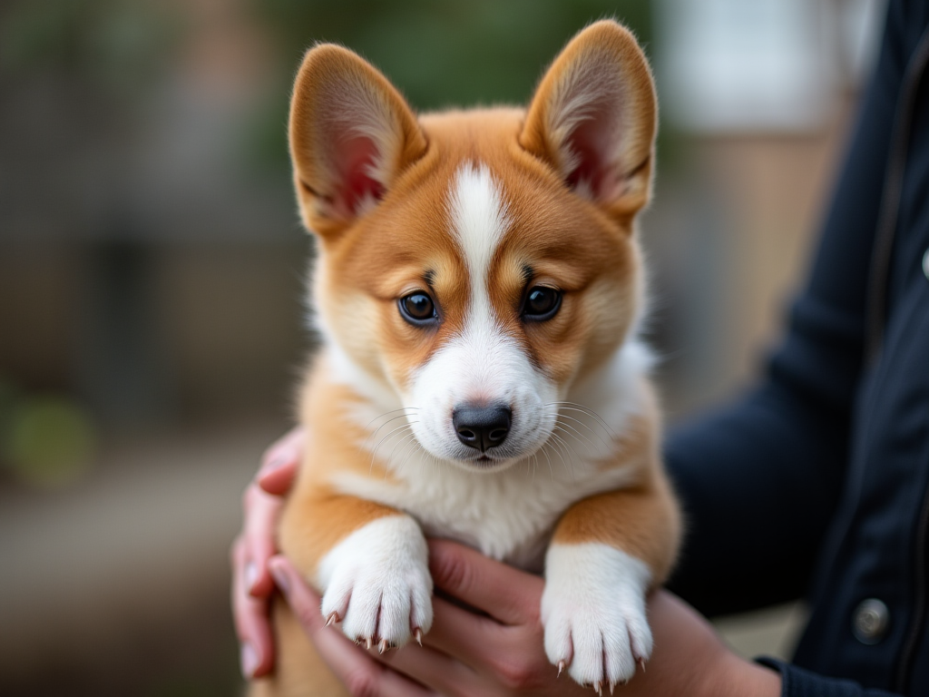A person adopting a Pembroke Welsh Corgi puppy at an animal shelter, showing a happy and caring interaction during an adoption event.