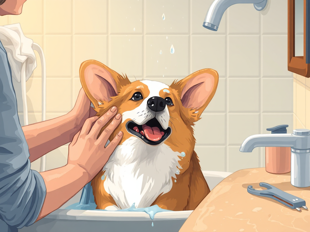 A person bathing a Welsh Corgi in a home bathroom with water, towel drying the dog, and nail clippers on the counter, in soft lighting. A person bathing a Welsh Corgi in a home bathroom with water, towel drying the dog, and nail clippers on the counter, in soft lighting.
