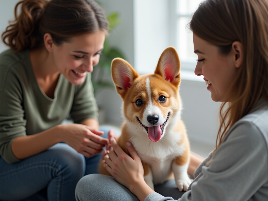 A person consulting with a reputable Welsh Corgi breeder beside a healthy Corgi puppy in a clean, well-lit breeding facility