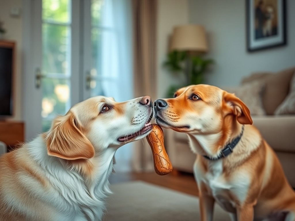 A person gently offers a chew toy to a dog to redirect licking behavior in a warm living room with soft lighting A person gently offers a chew toy to a dog to redirect licking behavior in a warm living room with soft lighting