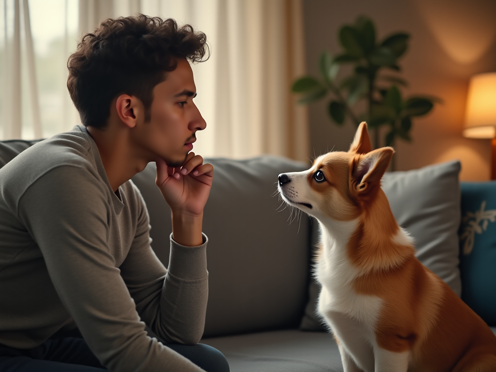 A person thoughtfully interacting with a Welsh Corgi puppy in a cozy living room, pondering if this breed is the right dog for them.