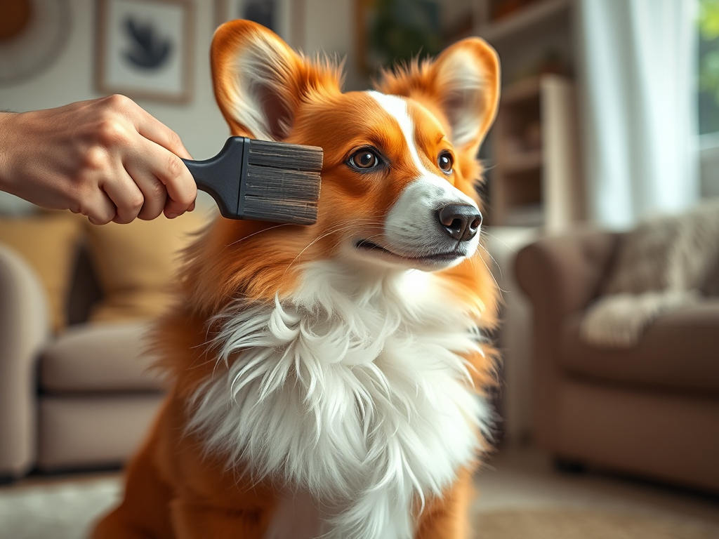 A person using a slicker brush to groom a Welsh Corgi's double coat at home, with loose fur visible, demonstrating shedding management for a step-by-step guide. A person using a slicker brush to groom a Welsh Corgi's double coat at home, with loose fur visible, demonstrating shedding management for a step-by-step guide.