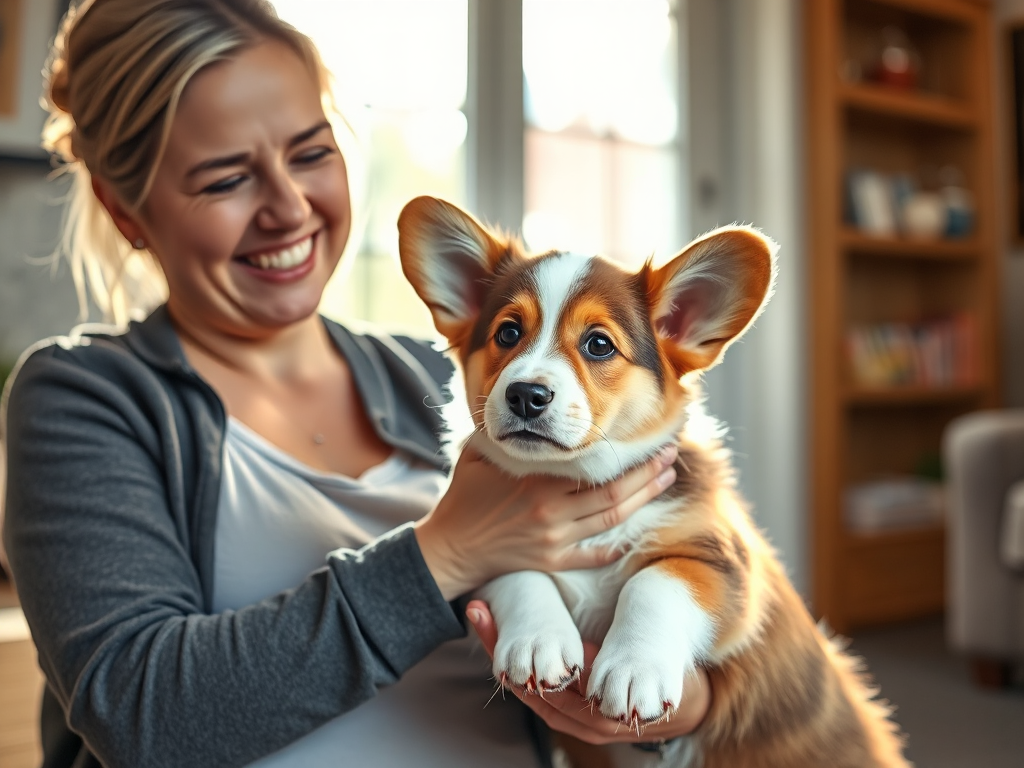 A reputable Welsh Corgi breeder holding a happy Pembroke Welsh Corgi puppy in a bright, tidy living room.