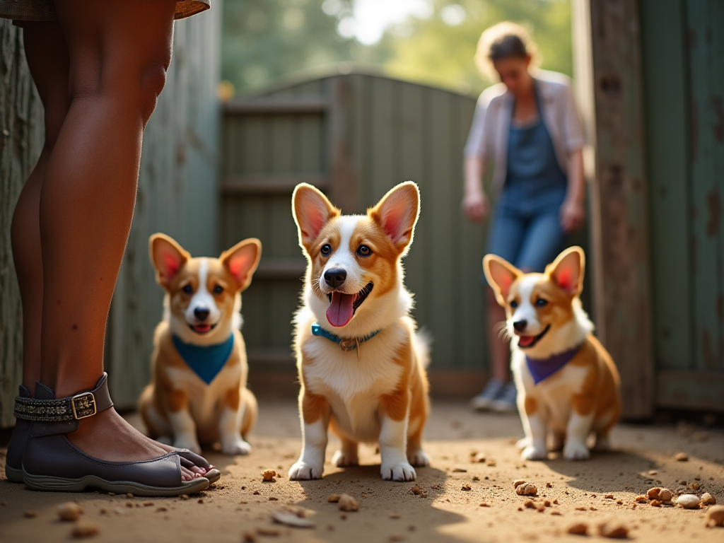 A reputable Welsh Corgi breeder hosts a family for a facility visit, introducing parent dogs and well-socialized puppies during a transparent tour.