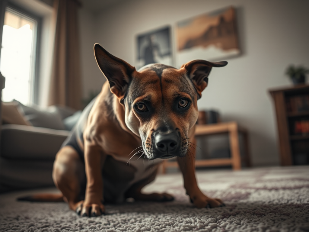 A small dog trembling anxiously on a living room rug, ears flattened, demonstrating why dogs shake due to stress or fear. A small dog trembling anxiously on a living room rug, ears flattened, demonstrating why dogs shake due to stress or fear.
