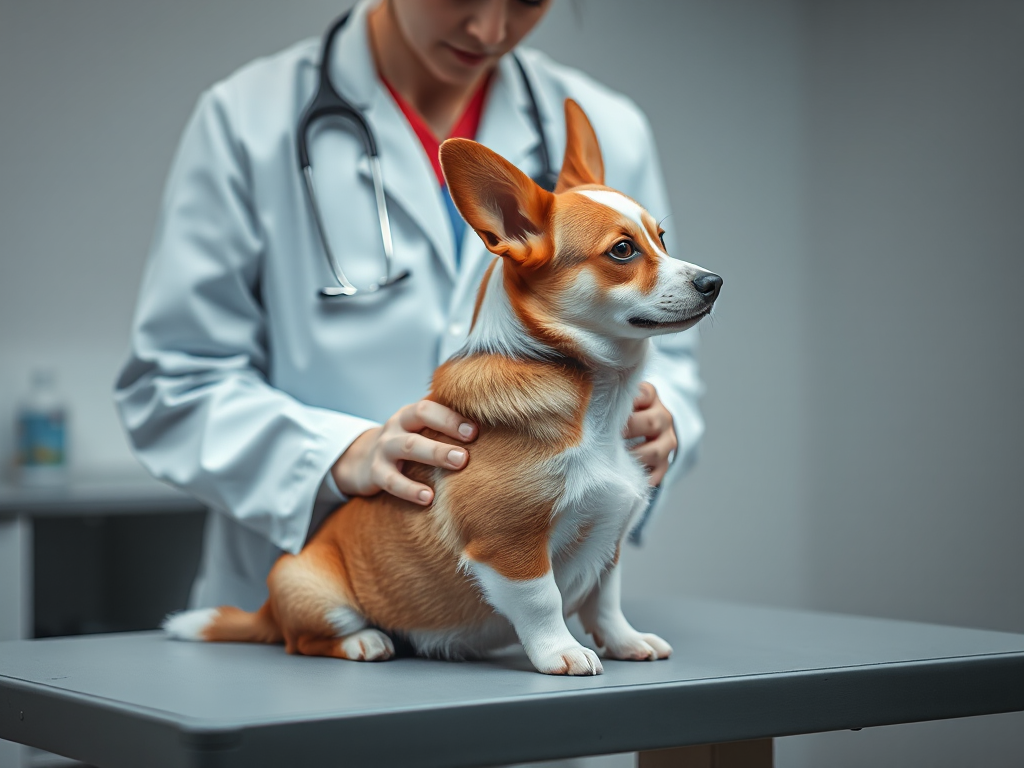 A veterinarian carefully palpating a corgi's spine during an IVDD treatment consultation in a clean, well-lit veterinary examination room