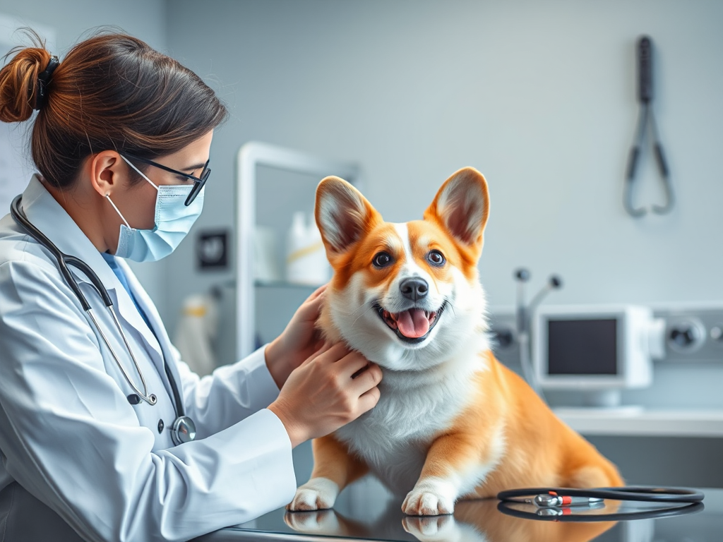 A veterinarian checking a Welsh Corgi for health clearances in a clinical setting, highlighting genetic testing for choosing a reputable breeder