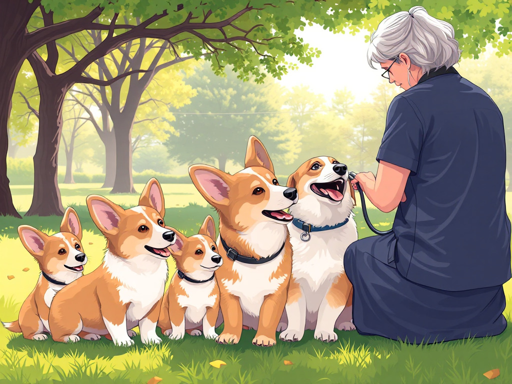 A veterinarian checking an older Welsh Corgi as puppies and adults play nearby in a park, illustrating common health issues by age for Welsh Corgi Health Issues.