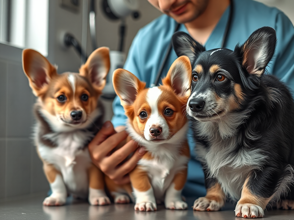 A veterinarian examining a Welsh Corgi puppy with adult and senior Corgis present in a clinic, representing Welsh Corgi health issues by age.