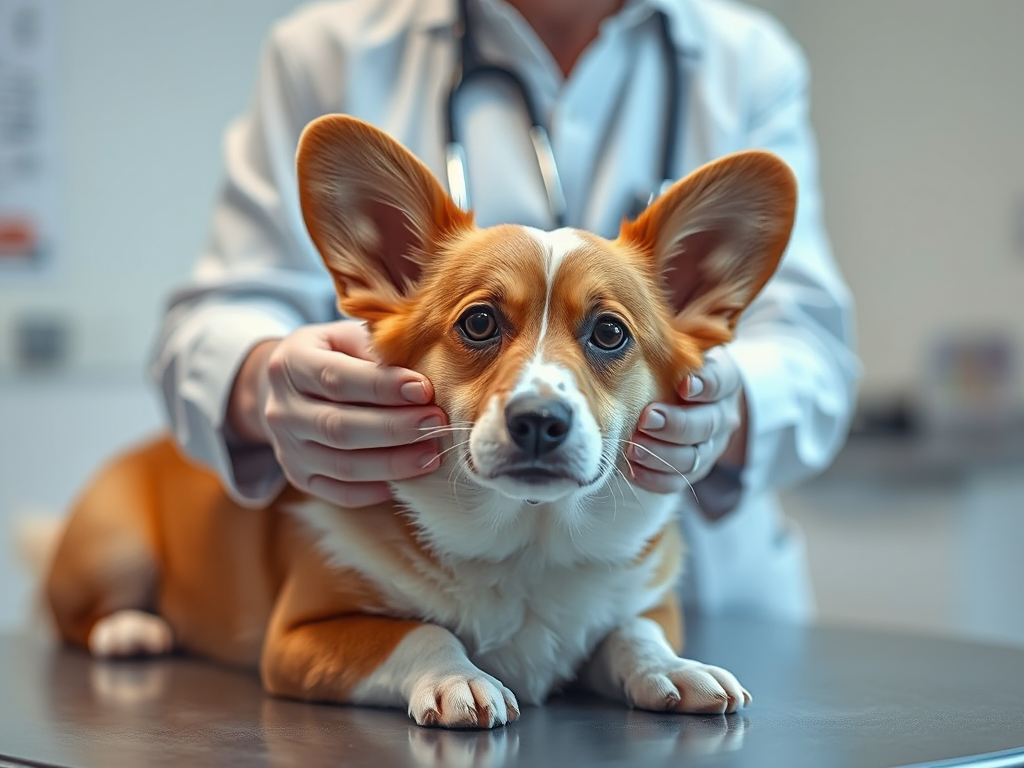 A veterinarian gently examining a Pembroke Welsh Corgi's ears during a health checkup, highlighting breed-specific care needs for this popular dog breed. A veterinarian gently examining a Pembroke Welsh Corgi's ears during a health checkup, highlighting breed-specific care needs for this popular dog breed.