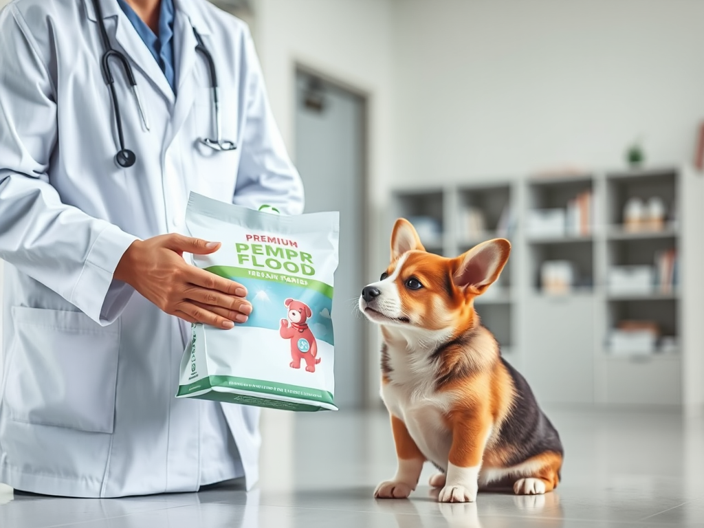 A veterinarian holds a premium puppy food bag while a young Corgi puppy eats from a bowl in a modern veterinary clinic. A veterinarian holds a premium puppy food bag while a young Corgi puppy eats from a bowl in a modern veterinary clinic.